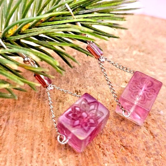 Nature Fluorite  Fret Symbols Block 925 Dangle Earring - Picture 5 of 10